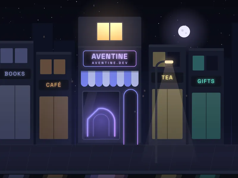 A drawing of Aventine as a little shop on the same made-up street as the example shops, its sign lit, the arch glowing in the window and one light on upstairs.