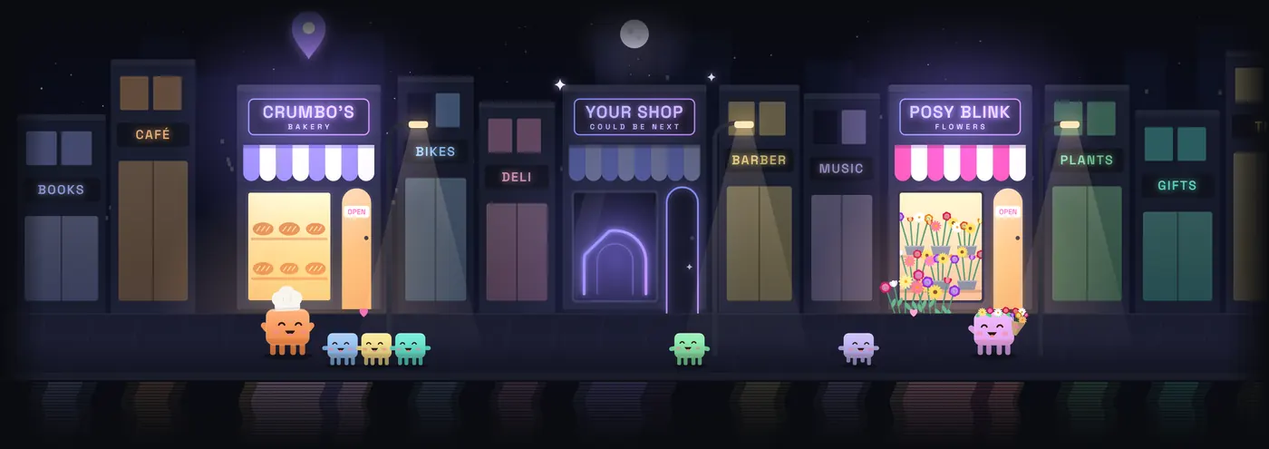 Illustration of a made-up night street: Crumbo’s Bakery with a queue outside, Posy at the door of Posy Blink with a bouquet, and between them an empty shop with the Aventine arch in its window and a sign reading Your shop, could be next.